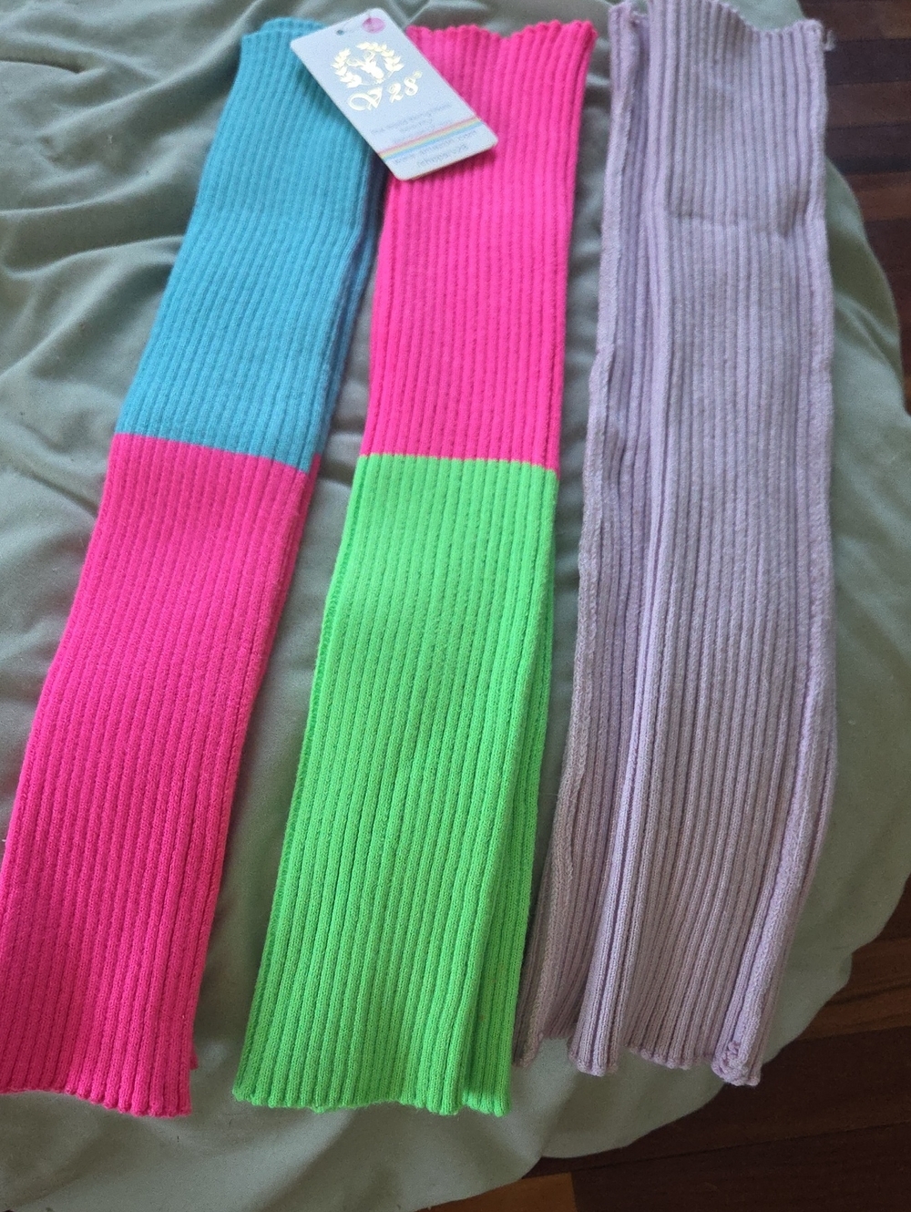 3 Colorblock Ribbed Leg Warmers - Pink, Green, Aqua + Lavender Pair (2 Are NWT)